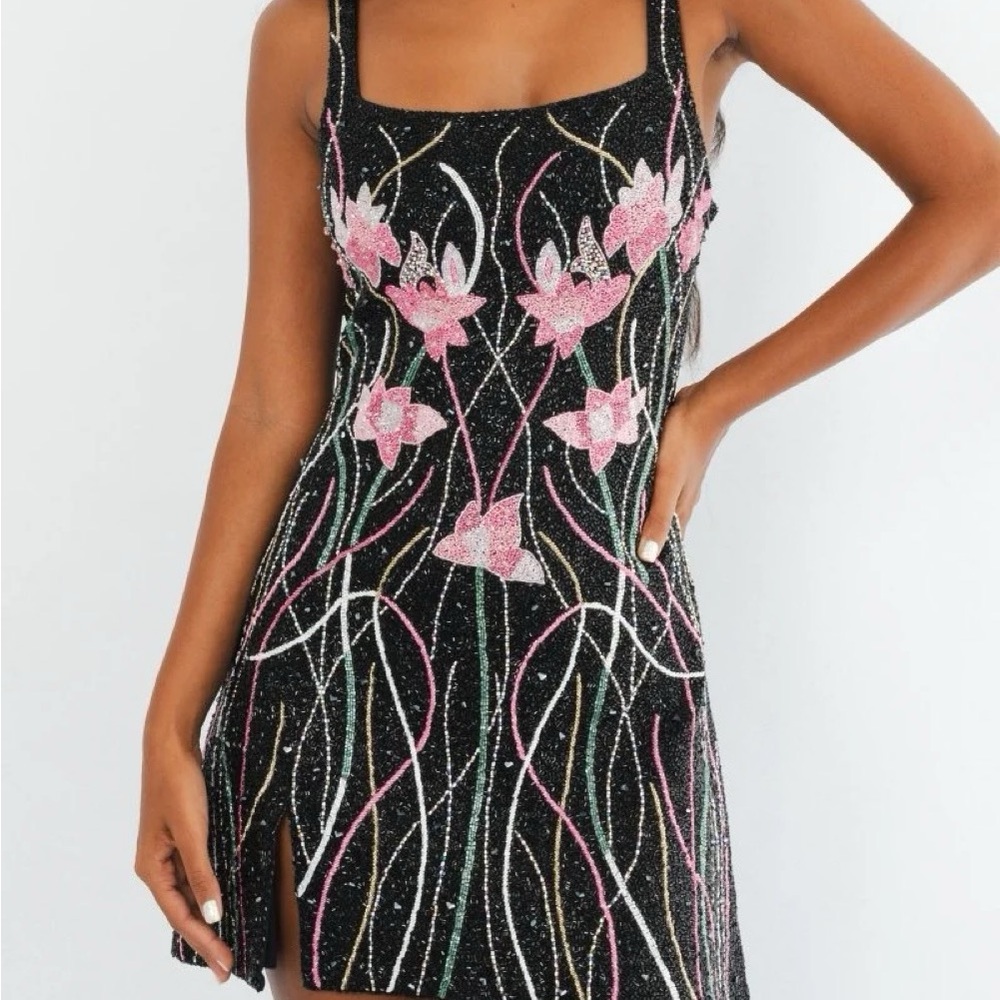NWT Oceanus Luxury Malibu Black Beaded Mini Dress Size M